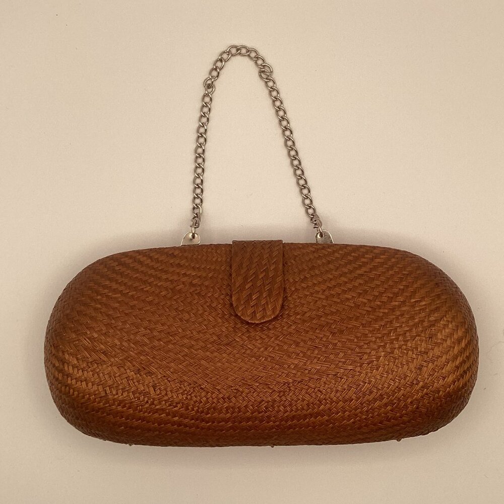 Vintage Y2K Lo Sac Woven Wicker Rattan Clutch Handbag Purse Brown Chain Strap